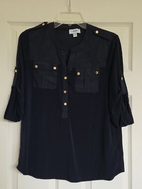 Carmen Marc Valvo Navy Tunic with Gold-Tone Buttons
